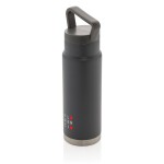 Botella de acero de alta calidad con asa color gris oscuro vista con logo