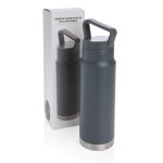 Botella de acero de alta calidad con asa color gris oscuro vista con caja