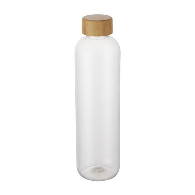 Botella de plástico reciclado transparente con tapa de madera 1L