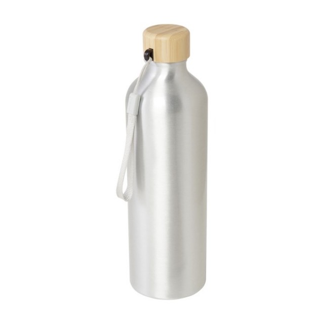 Botella de aluminio reciclado plateada con tapa de bambú 770ml
