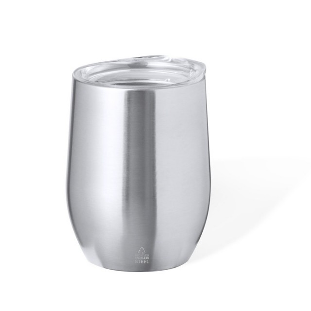 Vasos de acero promocionales plateados con tapa dosificadora 340ml