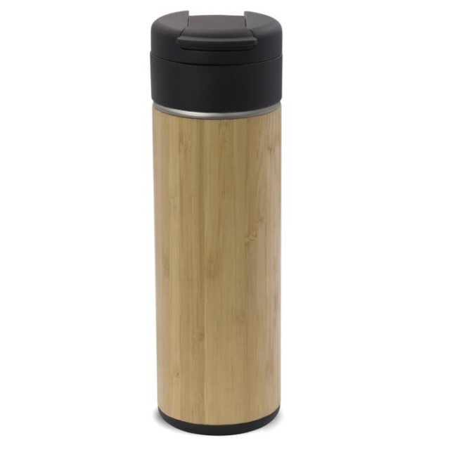 Botella de estilo natural con acabado de bambú y tapa abatible 400ml