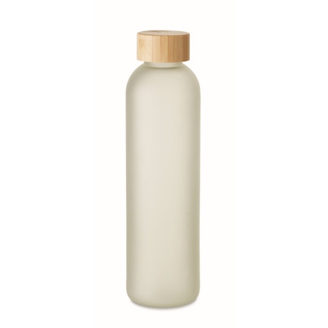 Botella de vidrio transparente publicitaria con tapa de bambú 650ml