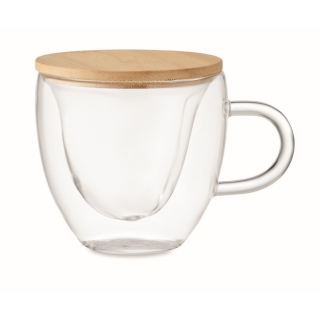 Taza de vidrio pequeña en forma de corazón y tapa de bambú 180ml
