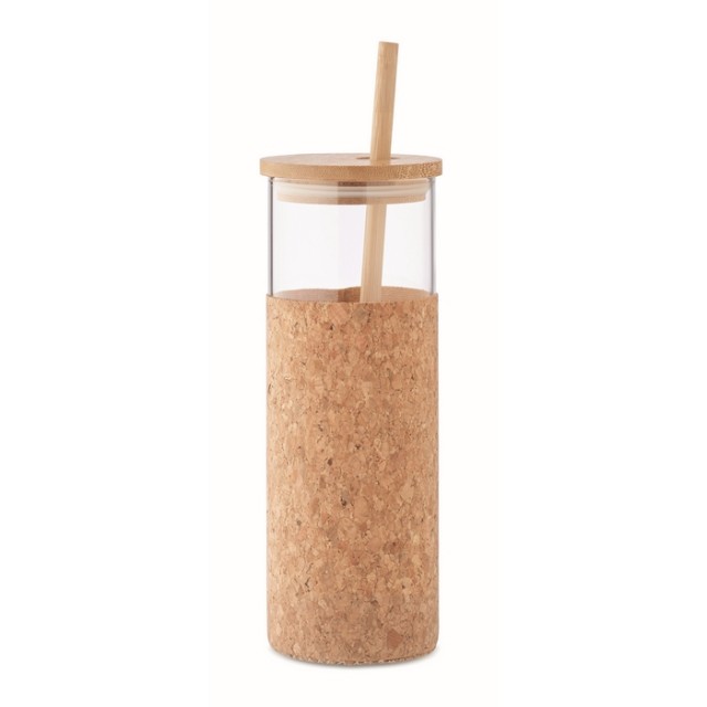 Vaso de vidrio borosilicato con tapa, funda de corcho y pajita 450ml