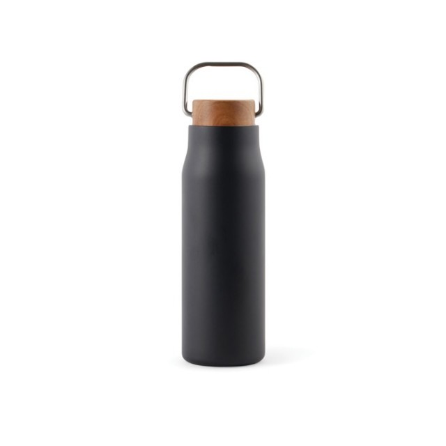 Botella de acero reciclado, tapa de madera y asa de transporte 300ml