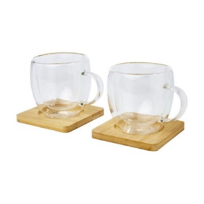 Juego de dos tazas de vidrio para café y posavaso de bambú 250ml