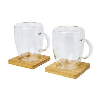 Set de 2 tazas de vidrio promocionales con posavasos de madera 350ml
