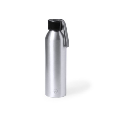 Botella de aluminio reciclado con cinta color plateado vista con logo