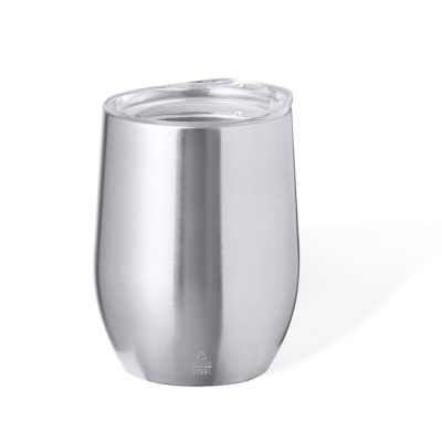 Vasos de acero promocionales plateados con tapa dosificadora 340ml