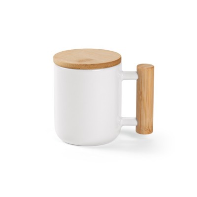 Tazas de porcelana con asa cilíndrica y tapa de bambú 320ml