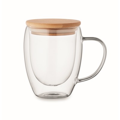 Tazas de vidrio borosilicato con tapa de bambú y doble pared 300ml