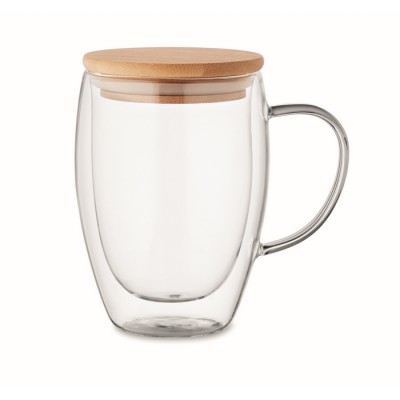 Tazas de vidrio con doble pared y tapa de bambú para té 300ml