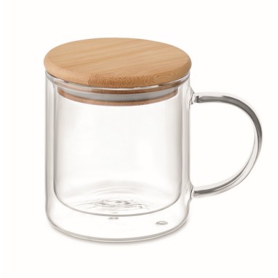 Tazas de vidrio personalizadas con una fina asa y tapa de bambú 300ml