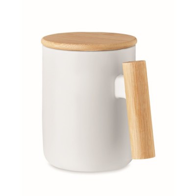 Llamativa taza de porcelana con asa de cilíndrica de bambú 380 ml