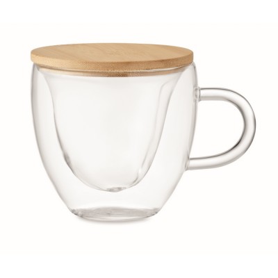 Taza de vidrio pequeña en forma de corazón y tapa de bambú 180ml