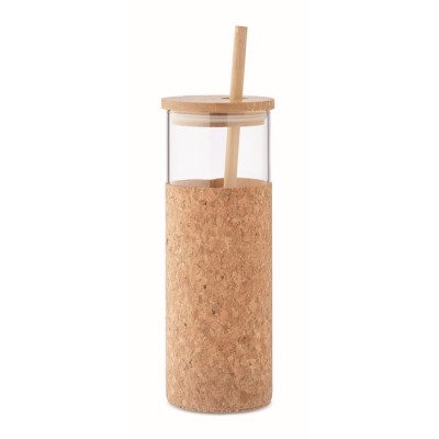 Vaso de vidrio borosilicato con tapa, funda de corcho y pajita 450ml