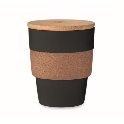 Vasos de plástico reciclado con agarre de corcho y tapa de madera 300ml