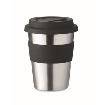 Vaso para ferias de acero inoxidable con tapa y asa de silicona 350ml Vaso para ferias de acero inoxidable con tapa y asa de silicona 350ml