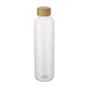 Botella de plástico reciclado transparente con tapa de madera 1L