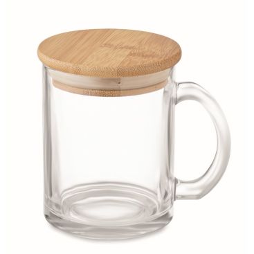 Tazas promocionales de vidrio reciclado con tapa de bambú 300ml