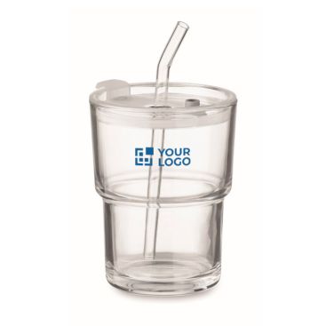 Vasos de cristal corporativos con tapa y pajita 300ml