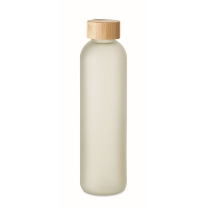 Botella de vidrio transparente publicitaria con tapa de bambú 650ml