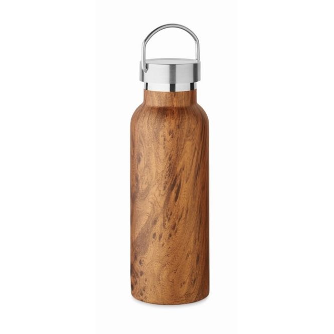 Botella de acero reciclado con asa y aspecto de madera 500ml