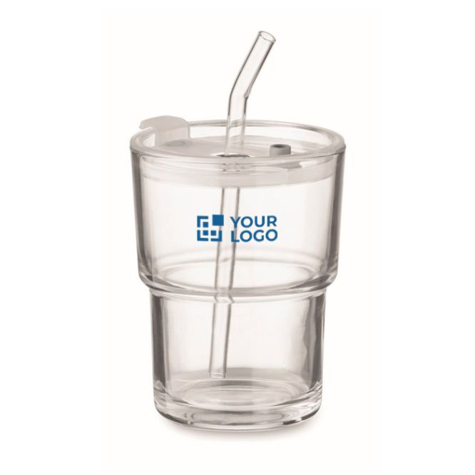 Vasos de cristal corporativos con tapa y pajita 300ml