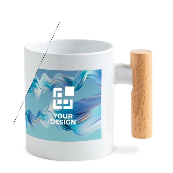 Taza de cerámica sublimada con mango cilíndrico de madera 325ml