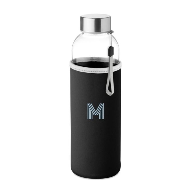 Botella de vidrio con logo y funda de neopreno negro