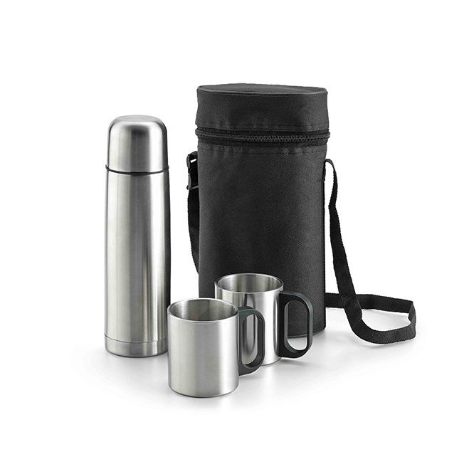 Conjunto de termo con tazas y funda color plateado