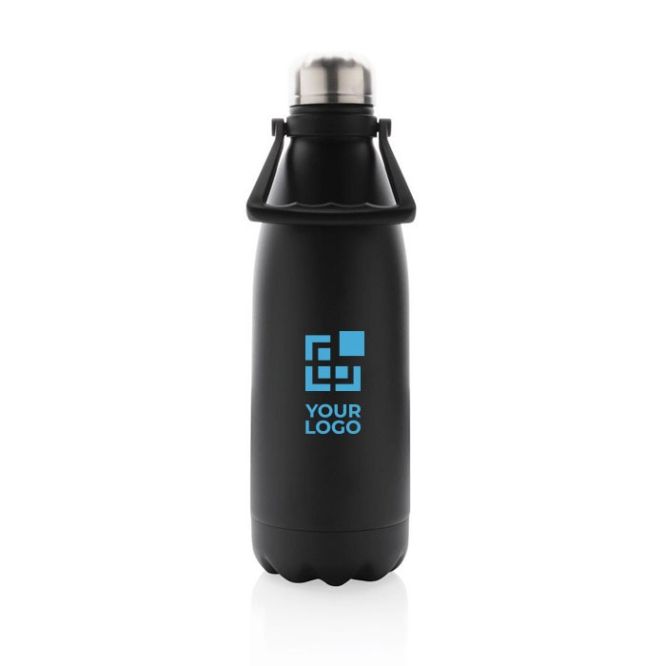 Botellas térmicas grandes con asa de transporte color negro vista de impresión