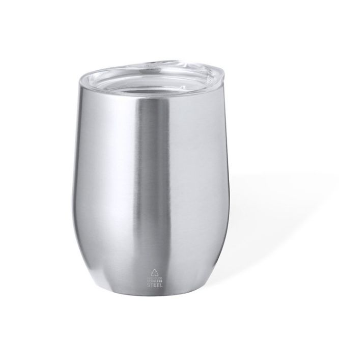 Vasos de acero promocionales plateados con tapa dosificadora 340ml