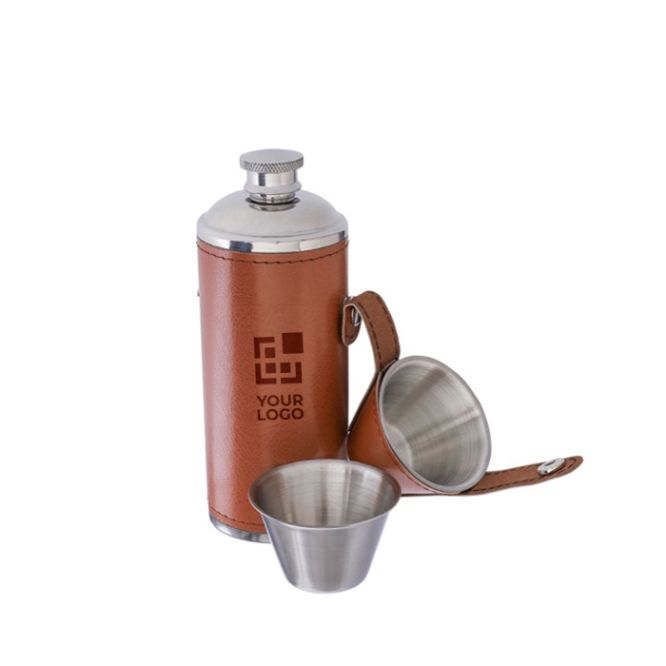 Botellas de acero con funda de cuero y 2 vasos 230ml