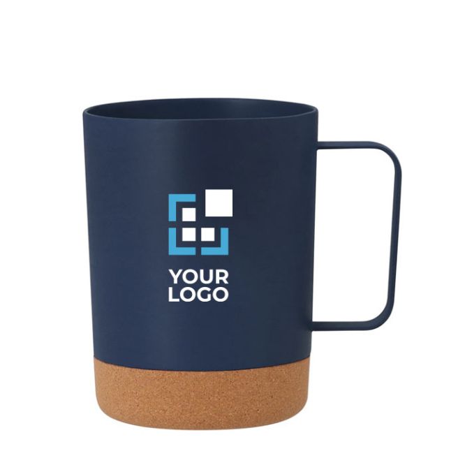 Taza de 400ml hecha de PP reciclado con asa cuadrada y base de corcho